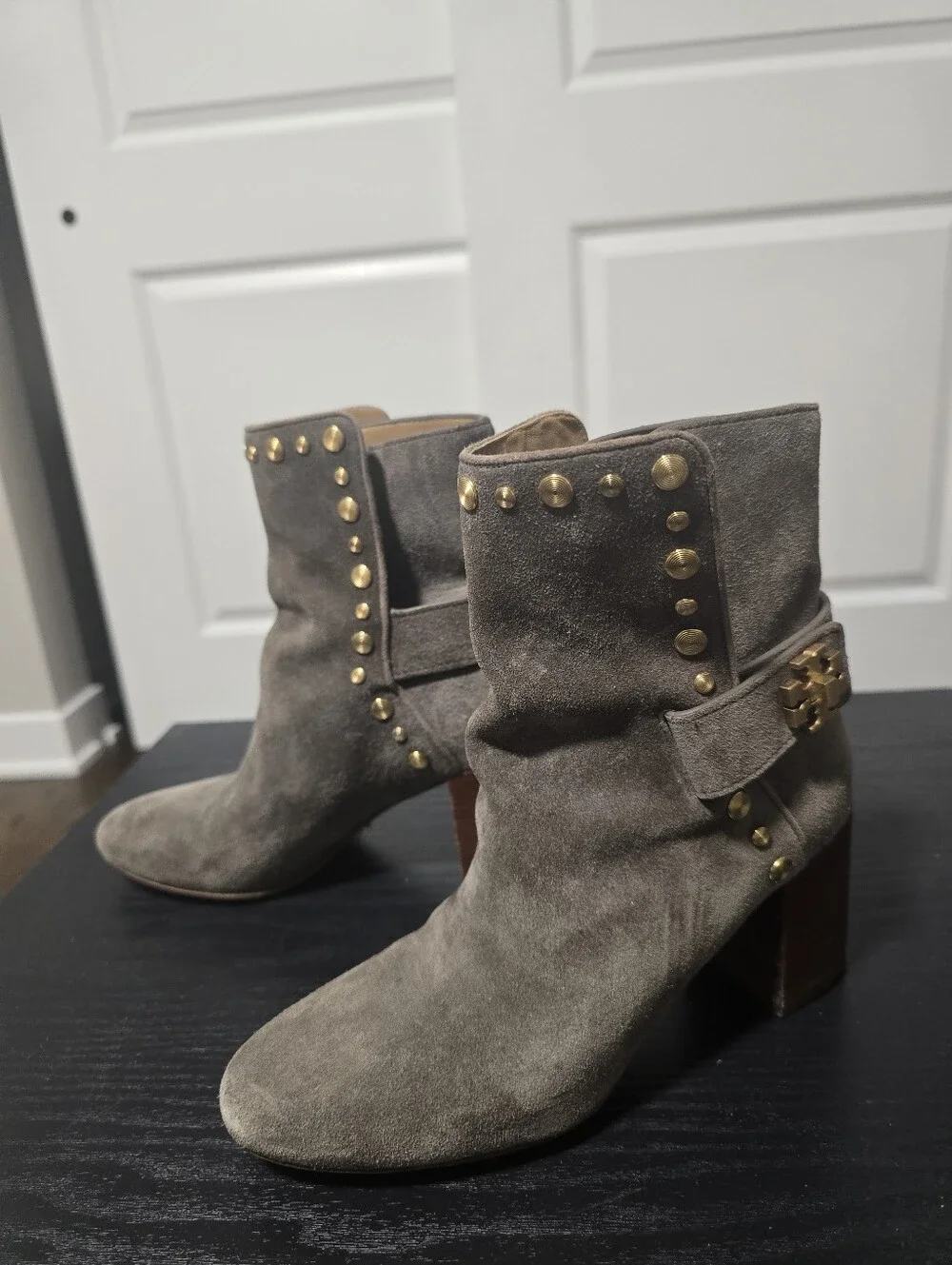 TORY BURCH Women's Suede Gray Ankle Boots with Gold Studs